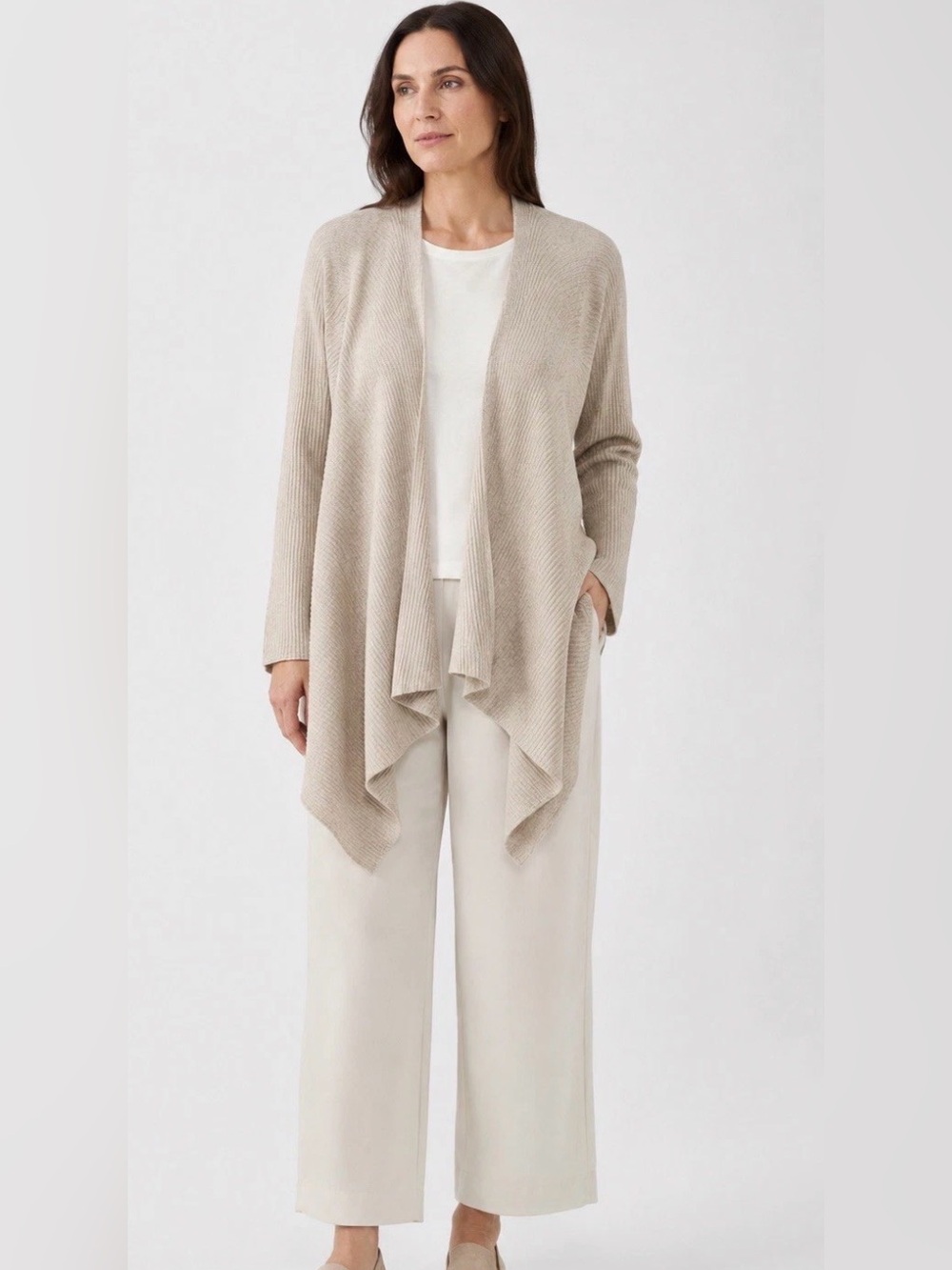 Eileen Fisher Silk Blend Long Cardigan Sz Xl Open Front Long Sleeves Off White